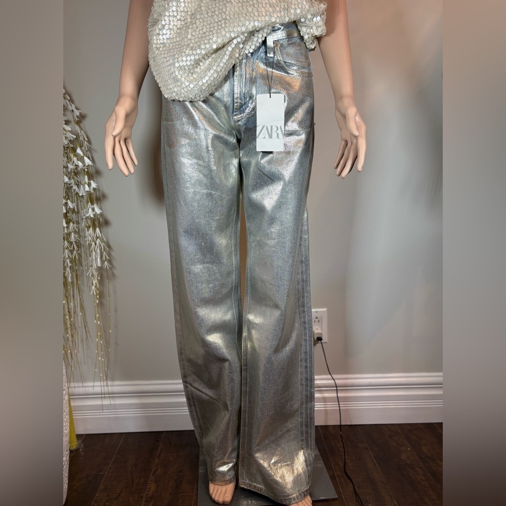 NWT ZARA MID WAIST TRF WIDE LEG FOIL WOMEN JEANS Size 4 - Picture 4 of 15
